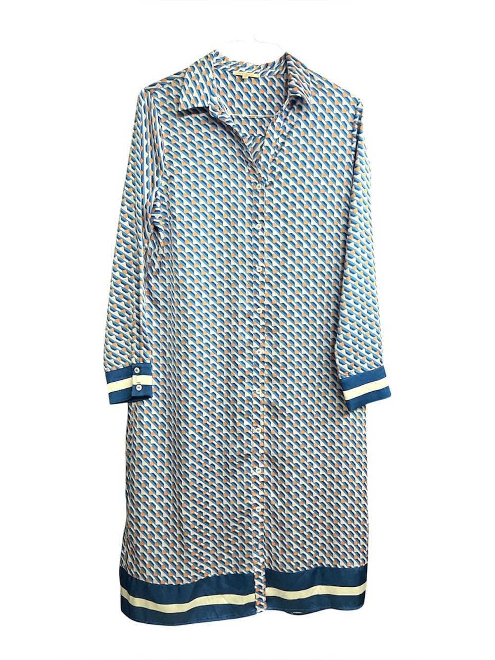 Skies Are Blue Geometric Print Midi Shirt Dress Blue Orange Long Sleeve Size L
